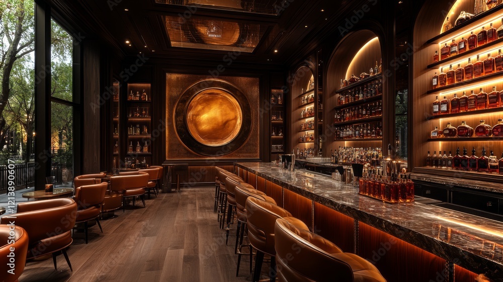 Aufkleber Warm tones and sophisticated design create an inviting atmosphere in this upscale bar. The spacious layout features plush seating and shelves lined with premium liquors.