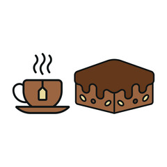 Tea mug drink and brownies food icons with a warm and comforting design