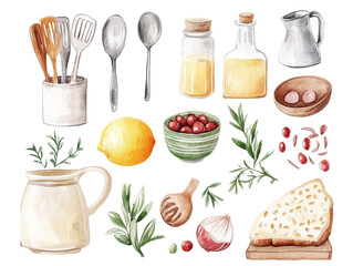 Colorful kitchen ingredients and utensils.