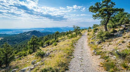 Obraz premium A scenic nature trail along a mountain ridge, offering breathtaking views of the valley below and the horizon beyond