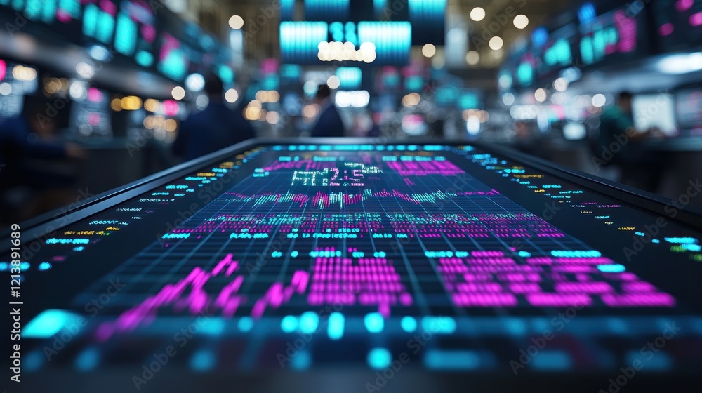 Poster digital trading display showing market fluctuations and data