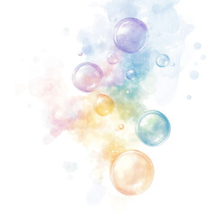 A watercolor illustration featuring a cluster of iridescent bubbles against a soft, rainbow-hued background.
