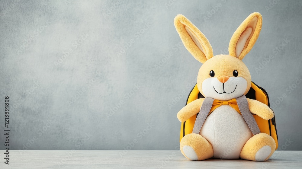 Poster a stuffed rabbit is sitting on a grey surface with a yellow backpack on its back. the rabbit is smil