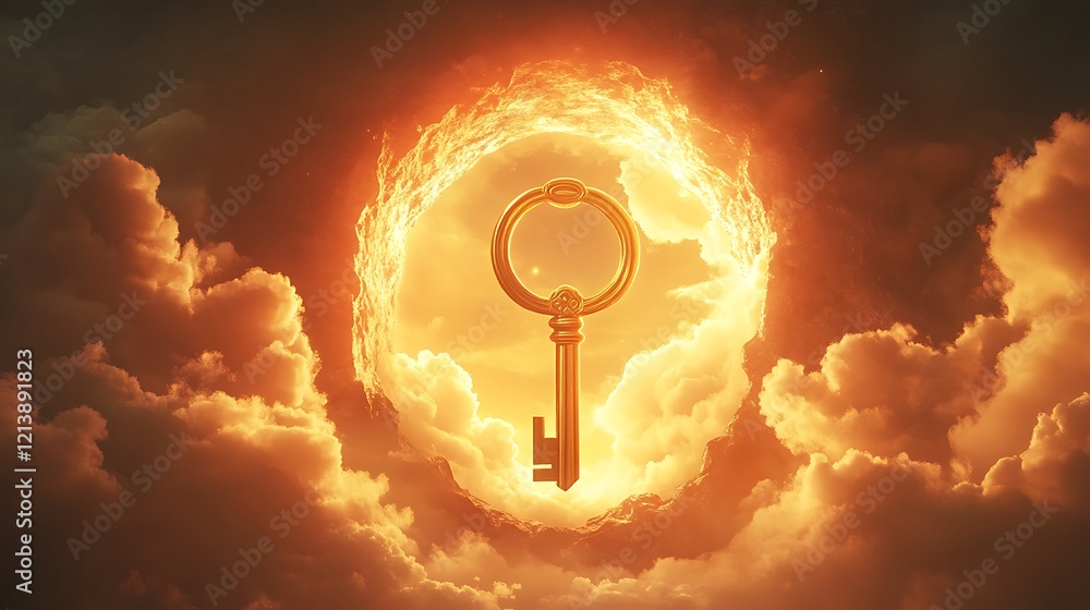 Wall mural radiant golden key floating near a gigantic keyhole embedded in the glowing sky representing the unl