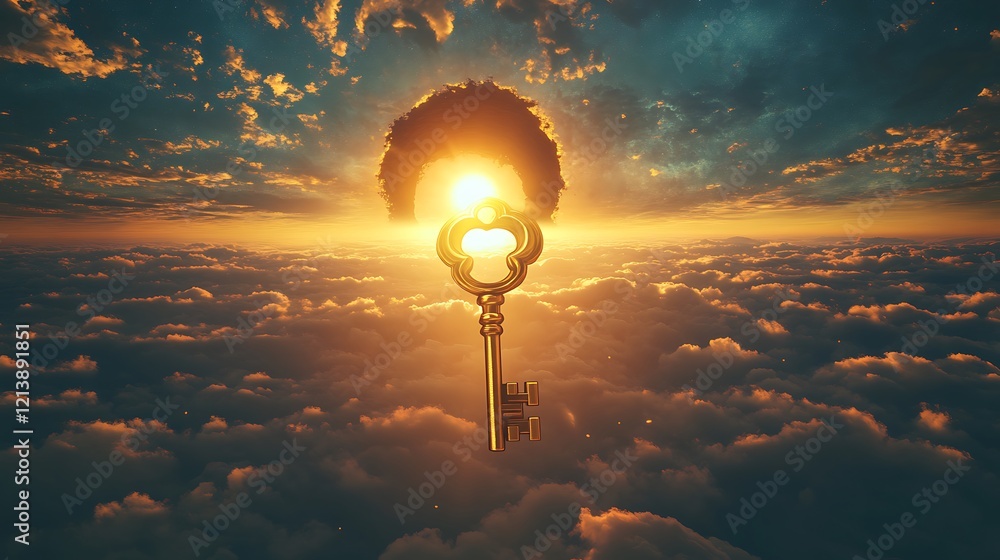 Wall mural radiant golden key floating near a gigantic keyhole embedded in the glowing sky representing the unl