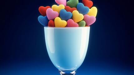 A bowl full of colorful hearts is placed on a blue background. The bowl is made of glass and is filled with a variety of different colored hearts. Concept of love and warmth