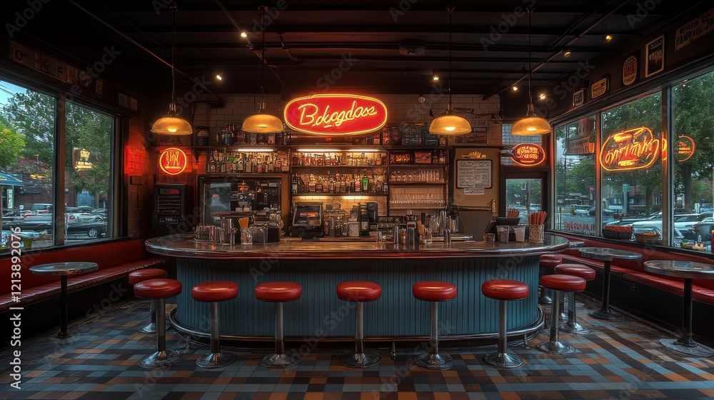 Poster this retro bar features a vivid neon sign and an inviting wooden counter with red stools. the warm l