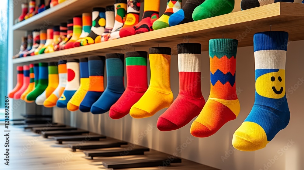 Poster a row of colorful socks with a smiling face on one of them. the socks are hanging on a shelf, and th