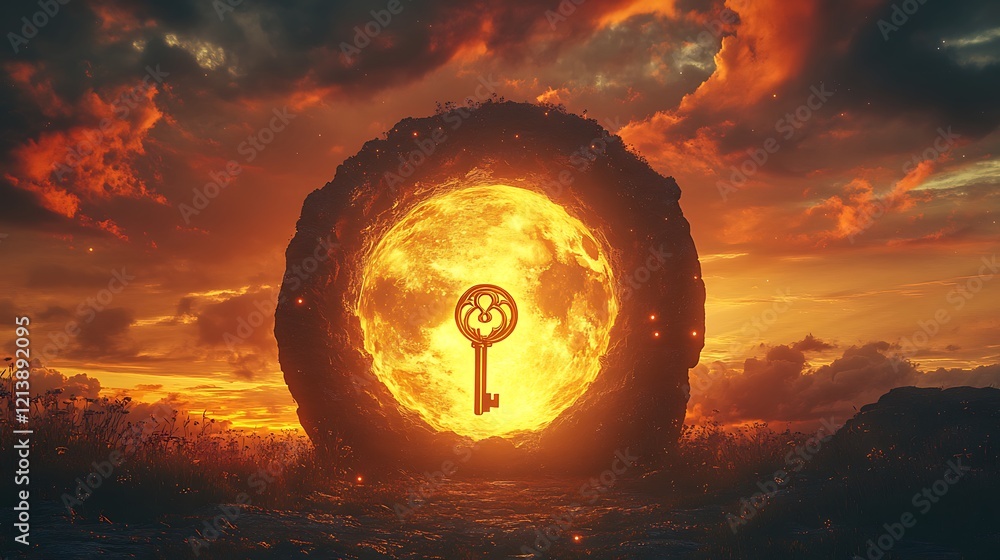 Wall mural a glowing sky with a floating golden key near a gigantic keyhole symbolizing new discoveries and pat