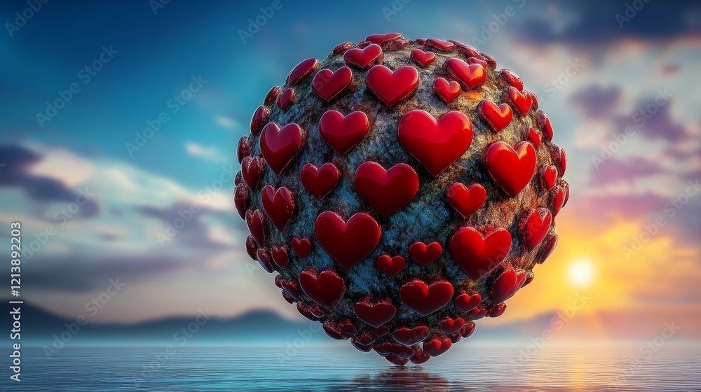 Poster a large red sphere with many hearts on it floating in the water. the sphere is surrounded by a blue 