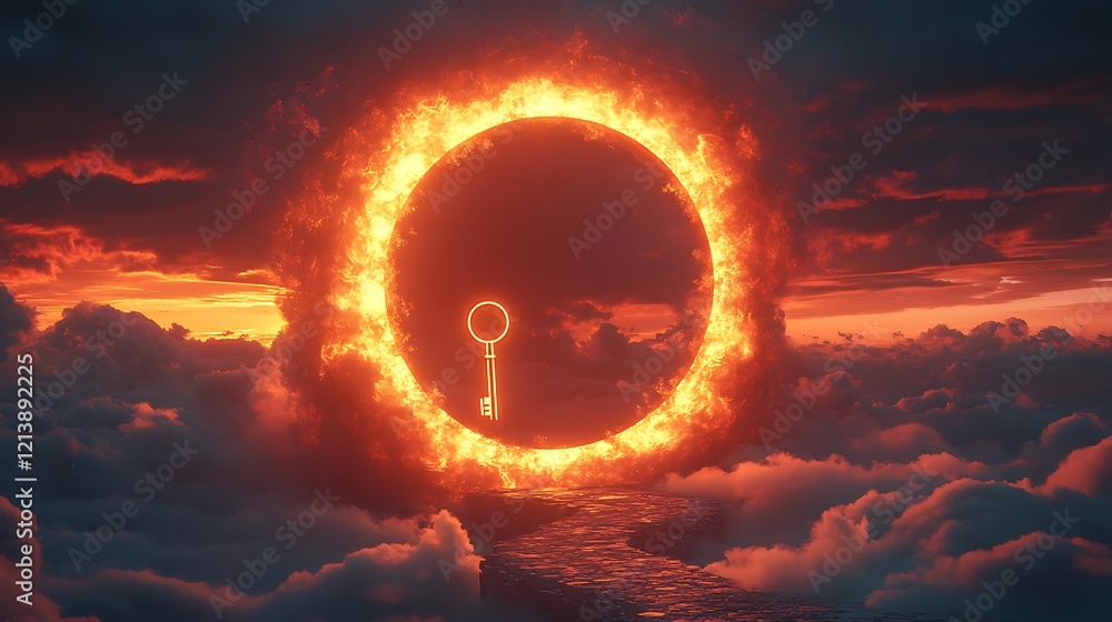 Wall mural a glowing sky with a floating golden key near a gigantic keyhole symbolizing new discoveries and pat