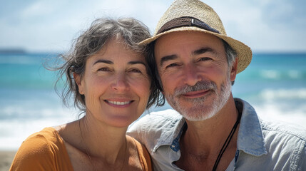 Fototapeta premium Middle-aged couple cuddling on the beach for romantic vacation