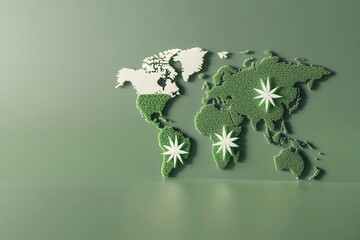 A green, eco-themed world map with stylized cannabis leaves, highlighting environmental awareness and the cannabis culture globally.