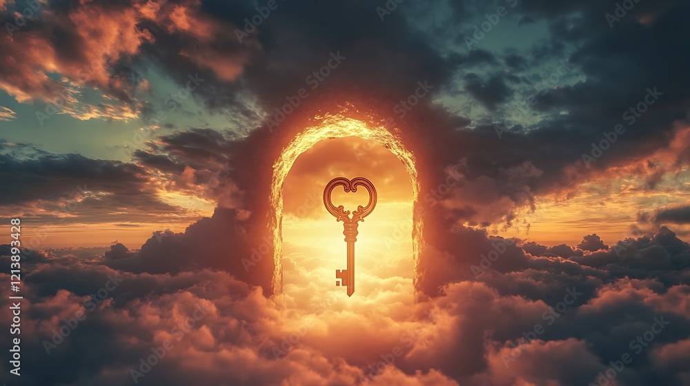 Wall mural a glowing sky with a golden key floating near a giant keyhole symbolizing the unveiling of unexplore