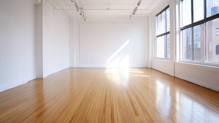 Spacious empty white room with wooden floor and large window, inviting creativity and endless possibilities.