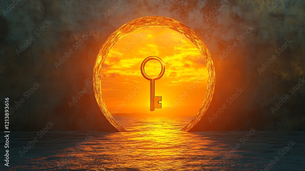 Wall mural glowing horizon with a floating golden key near a gigantic keyhole representing the path to unseen p