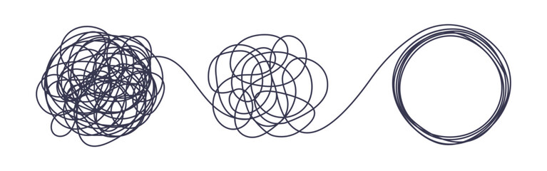 Chaos and order business concept flat style design vector illustration isolated on white background. Tangled disorder turns into spiral order line, find solution. Coaching, mentoring or psychotherapy.