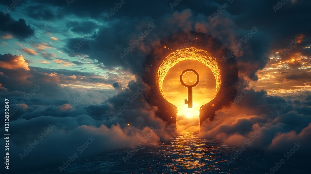 Wall mural a glowing horizon and a giant keyhole with a floating golden key representing new opportunities and 