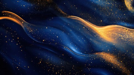 Obraz premium Golden Dust Flows Across a Deep Blue Background, Elegant with Cosmic Dust Theme