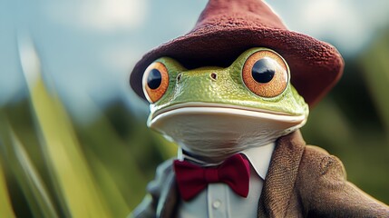 Fototapeta premium A frog wearing a hat and a red bow tie. The frog is looking at the camera. The image has a whimsical and playful mood