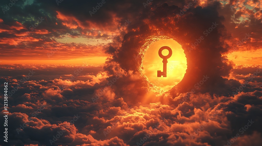 Wall mural radiant golden key floating near a giant keyhole embedded in the glowing sky symbolizing new paths b