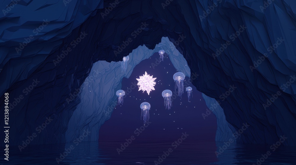 Poster a cave with a snowflake and jellyfish in the middle