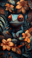 Cartoon Chameleon Blending into Vibrant Fantastical Jungle Flora
