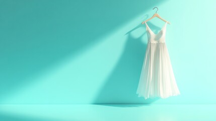 Wedding dress hanging, teal room, sunlight, minimalist, bridal