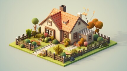 3D Isometric Cartoon House with Garden Scene