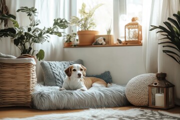 Beagle dog resting on cozy bed, plants, window, home decor