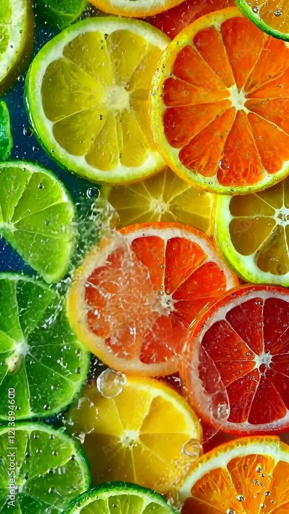 Poster brightly colored citrus slices create a vibrant and refreshing composition in sparkling water