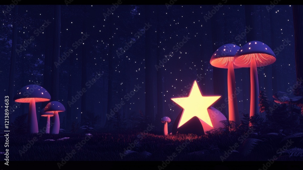 Canvas Prints a star is lit up in a forest with mushrooms surrounding it