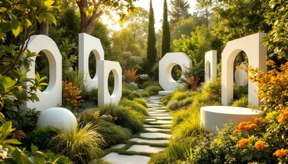 Modern Garden Path with White Geometric Sculptures