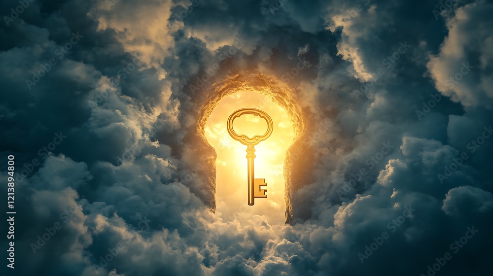 Wall mural glowing keyhole in the sky with a radiant golden key floating nearby symbolizing the unlocking of hi