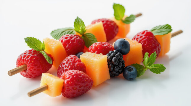 Freshly prepared fruit skewers display a vibrant mix of raspberries, blueberries, blackberries, and cantaloupe pieces, garnished with mint leaves. Perfect for summer gatherings