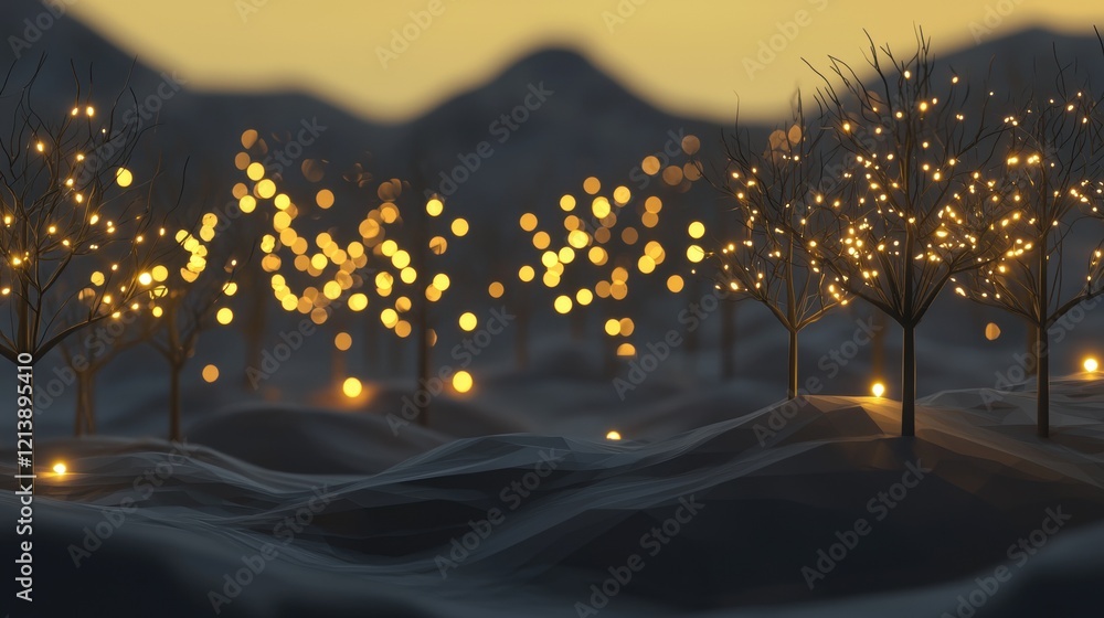 Poster a computer generated image of a snowy landscape with trees lit up with lights