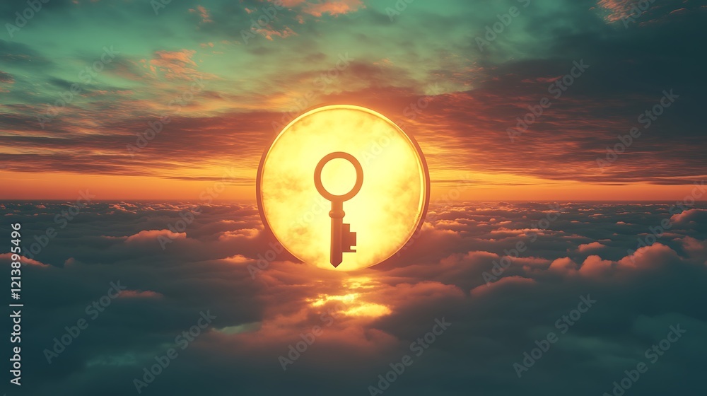 Wall mural glowing horizon with a gigantic keyhole and a golden key floating symbolizing the unlocking of unsee