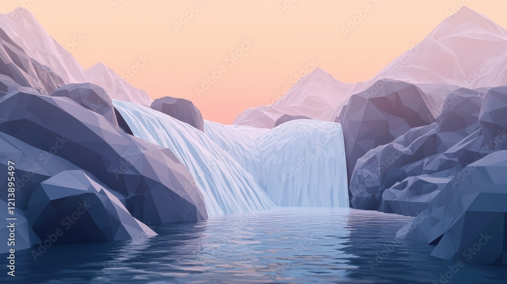 Poster a computer generated image of a waterfall with mountains in the background