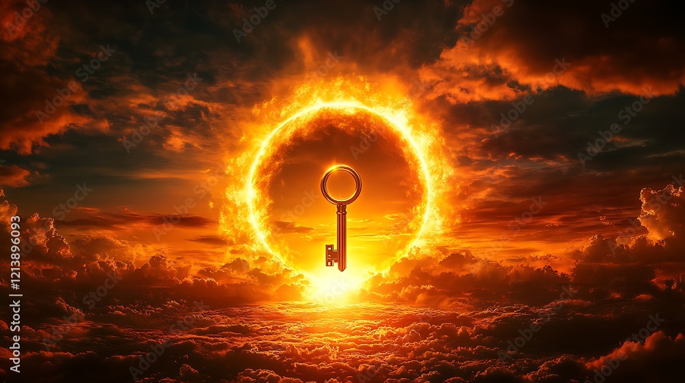 Wall mural glowing horizon with a gigantic keyhole and a radiant golden key representing the unlocking of new p