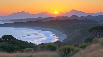 Coastal Sunset Mountain Range Scenic View