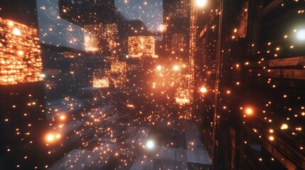 Obraz premium Abstract futuristic cityscape with glowing orange lights and particles.
