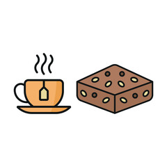 Tea mug drink and brownies food icons with a warm and comforting design