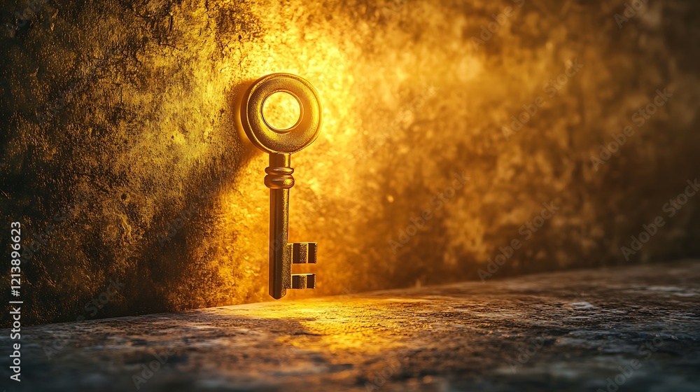 Wall mural radiant golden key floating near a giant keyhole symbolizing the unlocking of new opportunities beyo