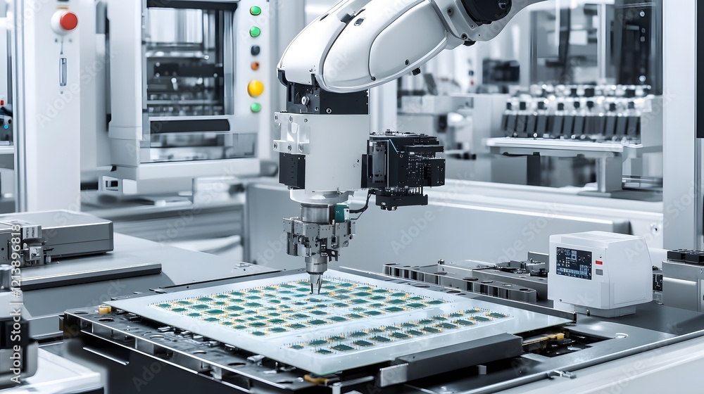 Aufkleber robotic arm assembling microchips on circuit board