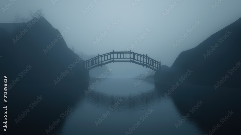 Poster a bridge over a river with fog in the background