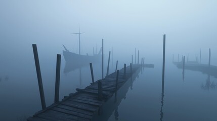 A foggy scene with a boat and a pier