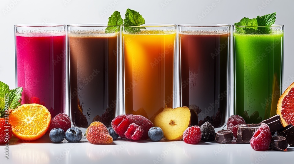 Poster row of colorful drinks with a variety of fruits and berries. the drinks are in different colors and 