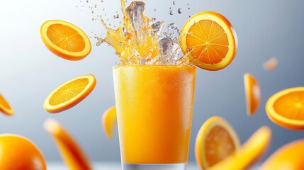 Glass of orange juice with a splash of water and a few orange slices floating in the air