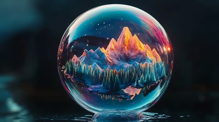 Shimmering soap bubble with vibrant mountains forests and miniature cities inside against dark background