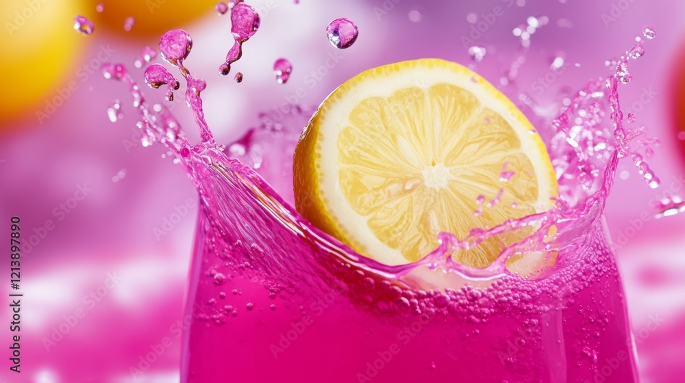 Poster glass of pink lemonade with a slice of lemon floating in it. the pink color of the drink and the spl